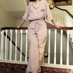 Woman on stairs in Cotone Collection Taupe long pyjamas - Beautiful Quality Sleepwear