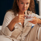 natural elegance sleepwear set with coffee brown piping. Pyjamas