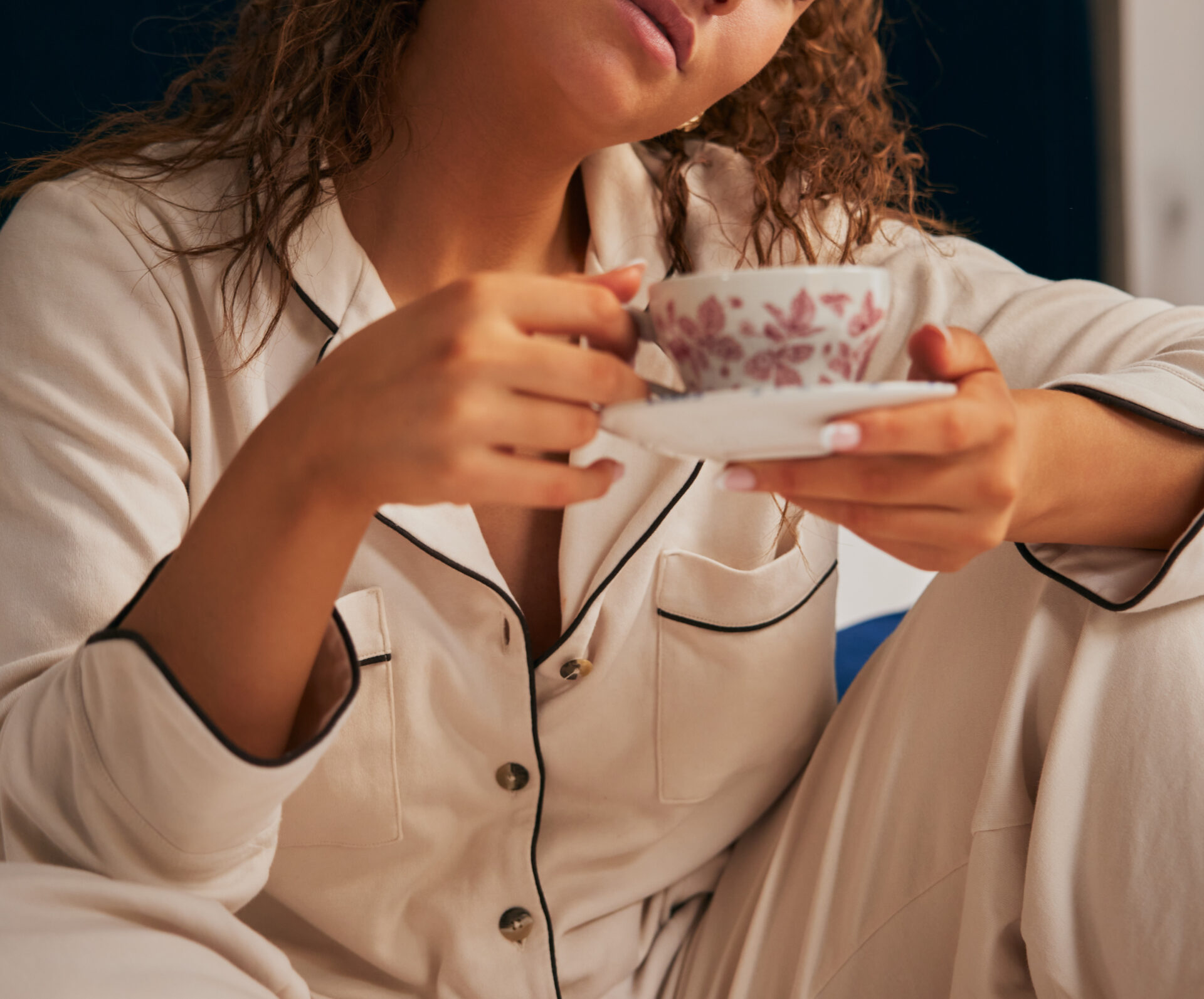 natural elegance sleepwear set with coffee brown piping. Pyjamas