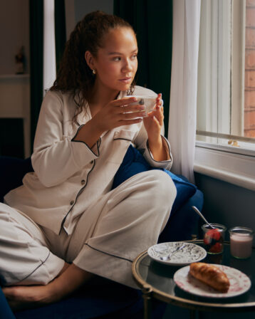 natural elegance sleepwear set with coffee brown piping. Pyjamas