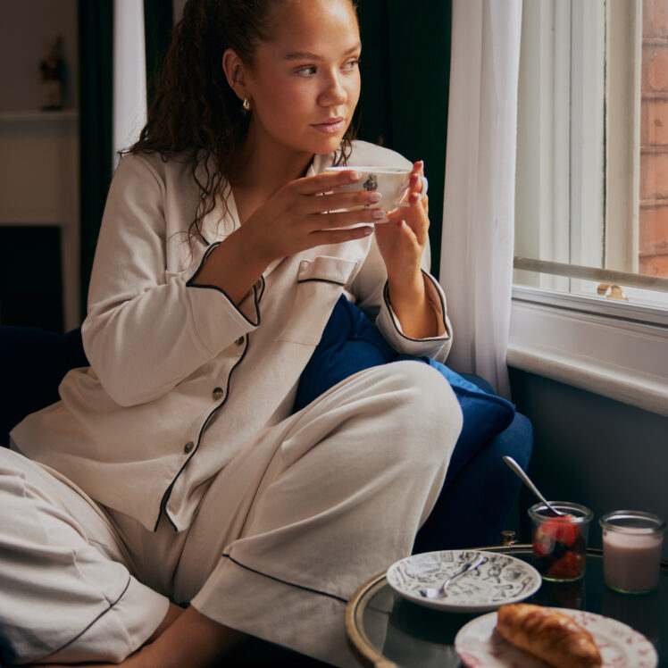 natural elegance sleepwear set with coffee brown piping. Pyjamas