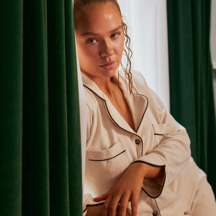 natural elegance sleepwear set with coffee brown piping. Pyjamas