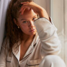natural elegance sleepwear set with coffee brown piping. Pyjamas